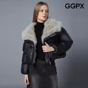 [GGPX] 페이크 밍크 배색 빅 카라 크롭 숏 패딩 점퍼 (GOBJP026F)