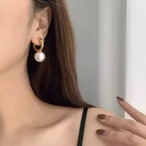 써지컬스틸 왕 진주 댕글 볼드 링 데일리 원터치 귀걸이