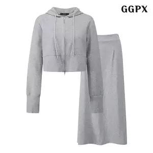 캐쥬얼 후드넥 집업 밴딩 롱 스커트 셋업 (GOCOW014D)