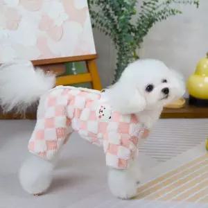 애견옷 보아털 털안감 강아지 수면잠옷 체크 올인원