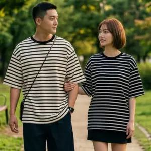 [하프클럽/알티피아]여름 스트라이프 면티 5부 어깨보완 반팔면티 남녀공용 오버핏