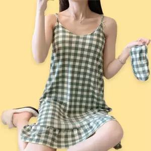 여성 브라 캡 내장 원피스 여름 잠옷 홈웨어 체크그린