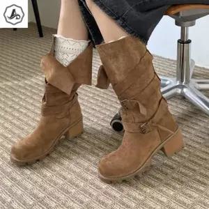 [애슬릿][애슬릿] 소 가죽 미들 부츠 하프 통넓은 슬라우치 발 편한 (40948935A)