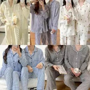 긴팔카라커플세트/수면잠옷/린넨/체크/스트라이프/남성/여자/여성/남여공용/남녀공용/남자/파자마/상하/상하의/가을/홈웨어/이지웨어