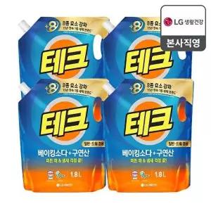 [LG생활건강][비밀] 테크 베이킹소다+구연산 액체세제 일반/드럼 겸용 리필 1.8L x 4개