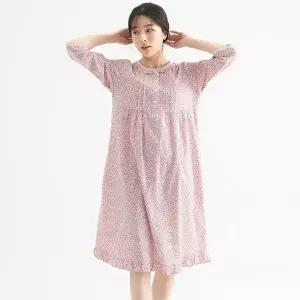 [보리보리/메이플라워]핑크잔꽃 여성 7부 순면 잠옷 원피스