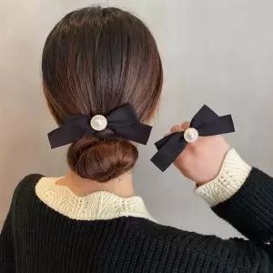 진주 포인트 리본 머리끈 헤어끈 블랙 1P