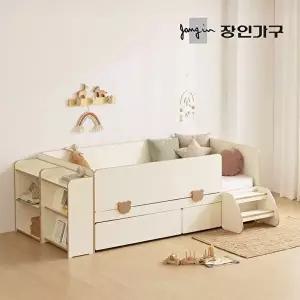 [장인가구](무료) 로빈 어린이 데이베드 서랍형 수납침대 프레임SS+가드+책장+선반+스텝스툴