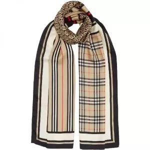 BURBERRY 버버리 Monogram Icon Stripe and Check Print Silk Scarf (8011951) (모노그램 아이콘 스트라이