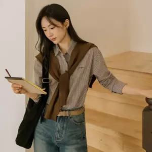 이븐 잔체크 크롭셔츠(어깨숄SET)
