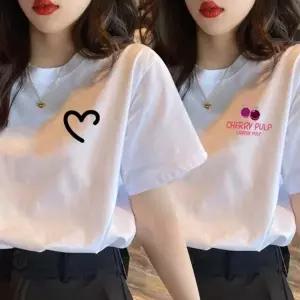 루즈핏 여성 라운드 티셔츠 프린팅 라운드 티셔츠 캐주얼 데일리 여름티셔츠 체리반팔티
