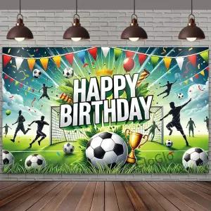 스포츠 테마 축하 에 완벽한 트로피와 왕관이 있는 2D 플래그 축구 생일 배경