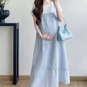편한임산부옷 임산부원피스 파란색원피스 여름 스트라이프 셔츠롱