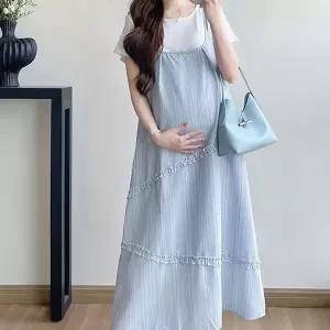 편한임산부옷 임산부원피스 파란색원피스 여름 스트라이프 셔츠롱