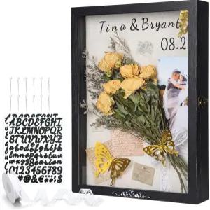 Yookeer 12x16 대형 섀도우 박스 웨딩 플라워 디스플레이 케이스 프레임 블랙 리넨 메모리얼 키프스케이프