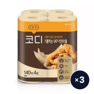 코디 기름먹는 UKP 무표백 키친타올 140매 4롤 3팩