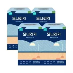 모나리자 천연펄프 미용티슈 300매 3입 4팩 (총12입) 곽티슈 각티슈