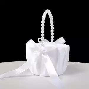 ATAILOVE 웨딩 플라워걸 바구니 진주 손잡이 새틴 걸 펄 컬렉션용 꽃 흰색