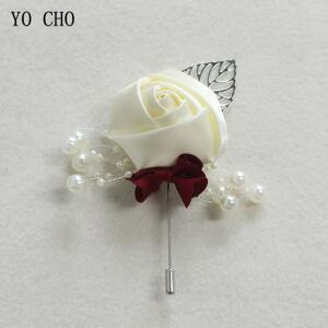YO CHO 웨딩 Corsage Flower 실크 장미 신랑 Boutonn ere 단추 구멍 핀 Boutonn ere 남자 웨딩 플래너 결혼 Corsage Flower
