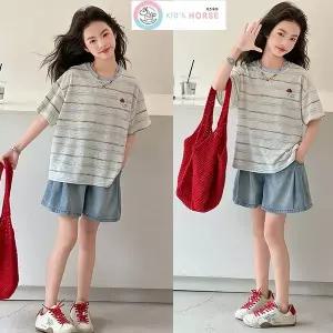 키즈목마 여아 여름 초중생 상하복 세트 주니어 스트라이프 반팔티 상의+하의 초등생 데님 반바지 957