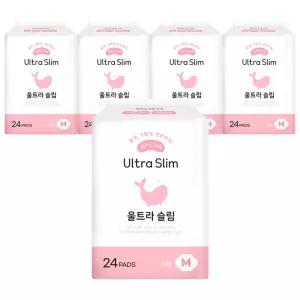 춤추는고래 휴대용 뽀송한 엠보싱 대용량 생리대 데일리 날개형 중형 24개입 5개