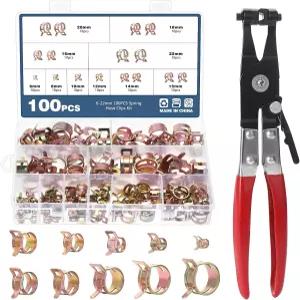 OCR 100 팩 6-22mm 10사이즈 연료 라인 스프링 클램프 실리콘 진공 호스 파이프 플라이어 포함 스틸 와이어