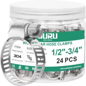 OURU 24PCS 호스 클램프 스테인리스 스틸 조절 가능 1/2 3/4 13-19mm 웜 기어 자동차용 헤비 듀티 금속