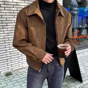 [위즈아이]남성 스웨이드 세미 크롭 카라 집업 숏 자켓 봄 가을 간절기 아우터 세무 점퍼 WI.._P419592248