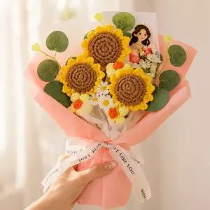 수제 뜨개 해바라기 꽃 3송이 꽃다발 졸업 시즌 선물로 동기 친구 선생님께 드리기 좋아요., 분홍색, 1개