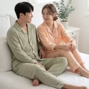 피치 줄무늬 카라 잠옷 세트 남성 여성 커플 긴팔 파자마 한벌 홈웨어 상하의 세트