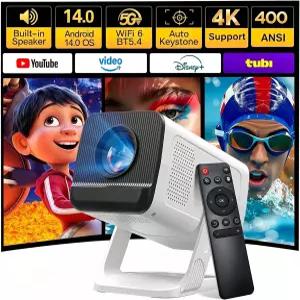 내장 앱 1080P 4K 지원 안드로이드 14 탑재 미니 프로젝터 전화 리모컨 포함 WiFi 6와 Bluetooth 5.4