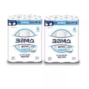 [하프클럽/셀러허브]크리넥스 3겹 클린케어 아쿠아 메가롤 50m X 30롤 X 2팩