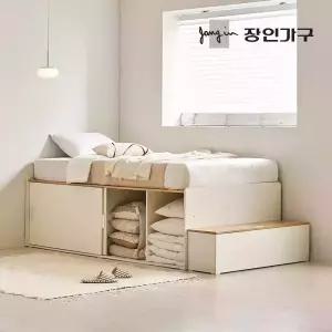 장인가구 도피오 슬라이딩 빅수납 높은 침대 프레임 SS (높이620)+수납계단+밀림방지패널