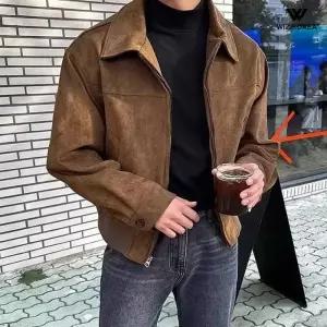 [위즈아이]남성 스웨이드 세미 크롭 카라 집업 숏 자켓 봄 가을 간절기 아우터 세무 점퍼 WI240J