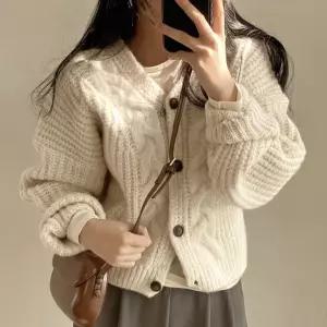 LND (당일출고) 포근한 푸딩 니트 가디건 여성 루즈핏 브이넥 꽈배기 겨울 가을 봄 카디건