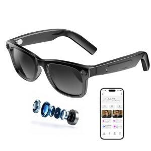 W & O AI 카메라 탑재 스마트 안경 8MP 포토 선글라스 1080P 비디오 녹화 듀얼 마이크 노이즈 캔슬링 블루투스 실시간 번역 남성용 여성용(선글라스 렌즈)