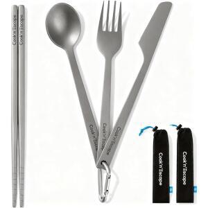 COOK'N'ESCAPE 티타늄 커틀러리 세트 4점 극두께 2mm 캠핑 젓가락 숟가락 포크 칼 | 고강도 티타늄제 TA1 소재 카라비너 포함 수납 주머니 솔로 등산 아웃도어 식기 휴대용 튼튼함 내구성 방청 컴팩트