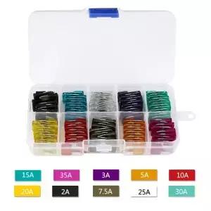 120pcs 블레이드 퓨즈 구색 키트 2/3/5/7.5/10/15/20/25/30/35a 자동차 용 보관 상자가있는 다채로운 교체