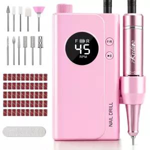 Kredioo 네일 드릴 45000RPM 휴대용 충전식 Efile 리무브 젤-핑크 4500mAh LCD 디스플레이 및 일시정지