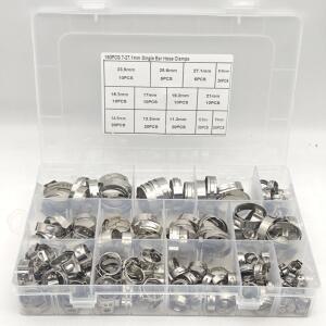 180PCS 7-27.1mm 단일 이어 호스 클램프 304 스테인레스 스틸 무단계 클립 파이프 신치 링 연료 라인