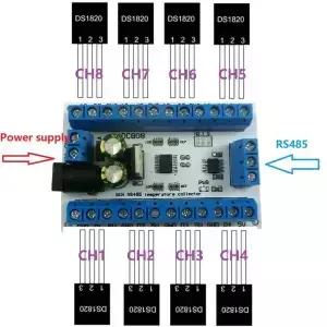8 채널 DS18B20 RS485 Modbus Rtu 온도 센서 원격 수집 모니터 디지털 모듈 종이없는