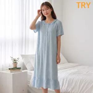 트라이 여성 I02 반팔 롱 원피스 잠옷 여름 파자마 레이온 홈웨어 시원한 인견 실내복
