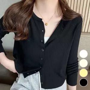 여성 슬림 골지 라운드넥 가디건