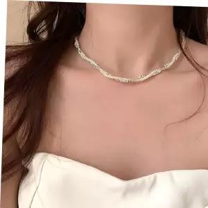 (쓰러담아) 꼬임 레이어드 목걸이 진주 큐빅 초커