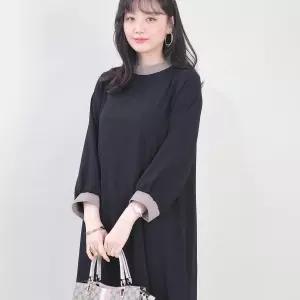 애비뉴투지 엄마옷 호시 스티치 배색 하이넥 하객룩 도톰한 정장 봄 가을 겨울 긴팔 롱 원피스 K12418