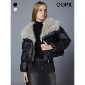 [GGPX]페이크 밍크 배색 빅 카라 크롭 숏 패딩 점퍼 (GOBJP026F)