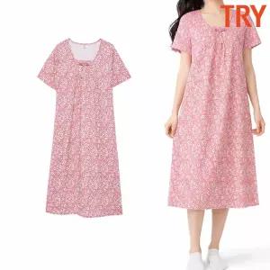 트라이 원피스잠옷 엄마 임산부 임부 겸용 잔꽃무늬 파자마 반팔 여름 시원한 레이온 홈웨어