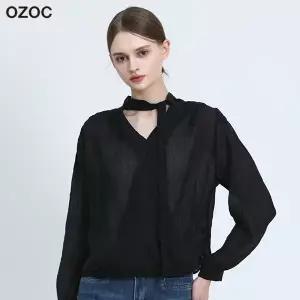 [오조크(OZOC)] 시스루 핀턱 타이 브이넥 긴팔블라우스 (택가격 85000원)