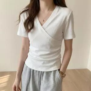 랩 골지랩 스판반팔티 셔링 무지 브이넥 면티 데일리랩티 스타일 여성면 티셔츠