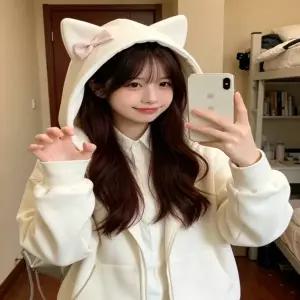 후드 티 가을 겨울 풀오버 맨투맨 일본풍 리본 장식 고양이 귀 외투 루즈핏 긴팔 지퍼 학생용 캐주얼 후드